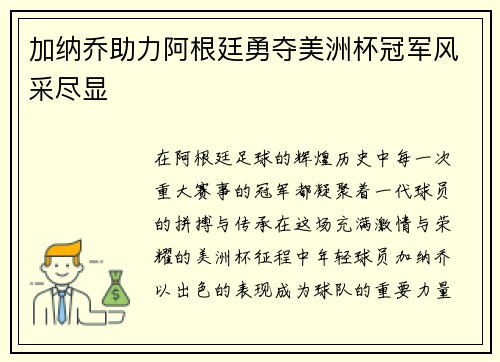 加纳乔助力阿根廷勇夺美洲杯冠军风采尽显