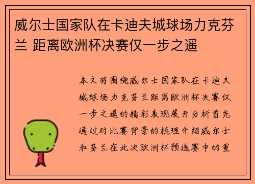 威尔士国家队在卡迪夫城球场力克芬兰 距离欧洲杯决赛仅一步之遥 威尔士国家队在卡迪夫城球场力克芬兰 距离欧洲杯决赛仅一步之遥