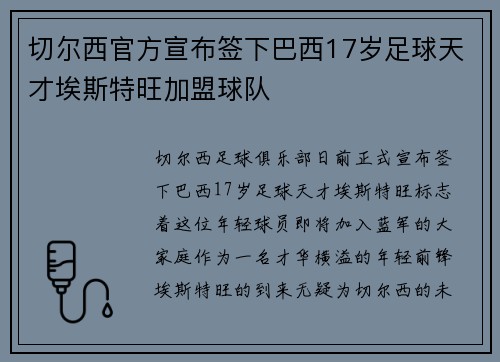 切尔西官方宣布签下巴西17岁足球天才埃斯特旺加盟球队
